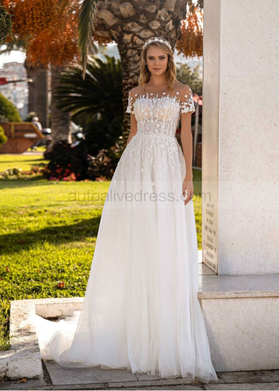 Short Sleeves Beaded Ivory Lace Tulle Romantic Wedding Dress